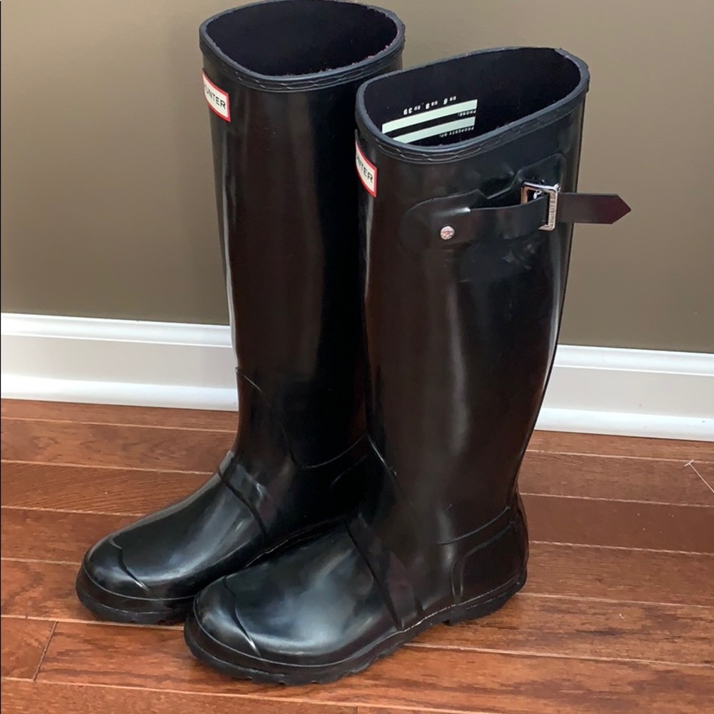 NEW! Black Shiny Tall Hunter Boots & Pink Liners